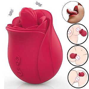 VIBRADOR DE CLITÓRIS EM FORMATO DE ROSA COM LÍNGUA ESTIMULADORA