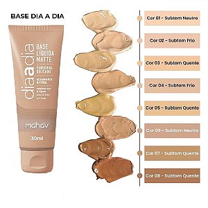 BASE LIQUIDA MATTE DIA A DIA MAHAV PALETA 01 AO 08.
