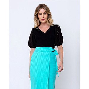 Blusa Gola V com Manga em Malha Laise Feminina Evangélica Preta Moda Executiva