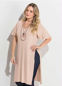 Blusa Alongada Nude com Fendas Laterais