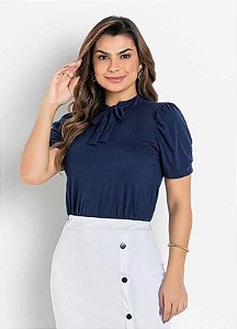 Blusa Azul com Gola Laço e Manga Franzida