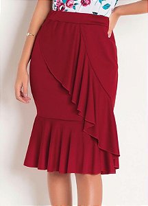 Saia Vermelha com Babado na Transversal e Cós com Elástico