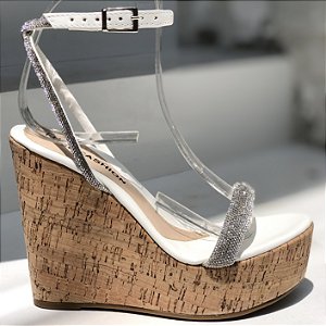 Plataforma Anabela Super Alta com Fivela e Cordão Strass Branca