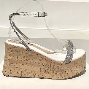 Plataforma Anabela Salto Médio com Fivela e Cordão Strass Branca