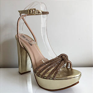 Sandália Festa Meia Pata Salto Bloco 12cm Tiras Cruzadas em Strass Dourado