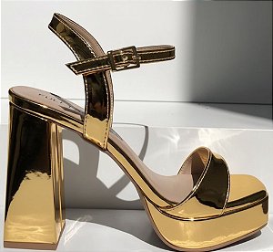 Sandália Salto Bloco 12cm Tiras Delicadas Dourado Espelhado