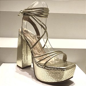 Sandália Plataforma Salto Bloco Amarração Ouro Light Snake