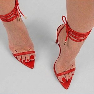 Sandália Bico Folha Salto Fino Tiras Finas Amarração Vermelho