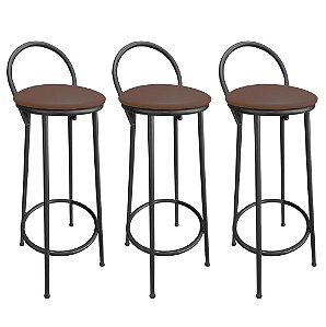 Kit 3 Banquetas Alta Drink Estofada de Metal Banco Alto Para Cozinha Bar Balcão Preta Marrom