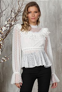 Blusa Tule com Detalhes em Renda Branca Ave Rara