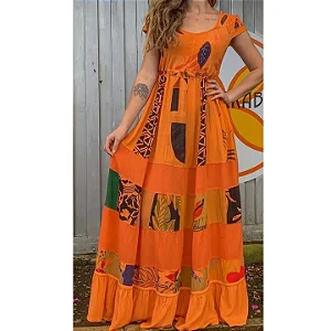 Vestido longo em viscose, patchwork,