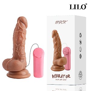 Pênis realistico com vibração multivelocidade, com escroto e ventosa, veias saltadas e glande saliente - LILO