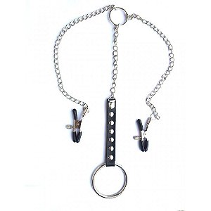 PRENDEDOR PARA MAMILOS MASCULINO COM CORRENTE E ANEL PENIANO EM METAL  - SA007