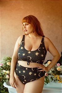 Maiô plus size com bojo e babadinhos floral amarelo - Bambina