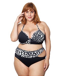 Parte de cima biquíni plus size com bojo animal print bicolor Preto