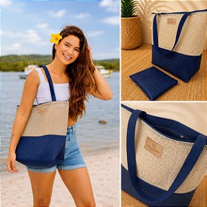 Tote Bag - Treliça Soft Azul com Tela Poliéster Bege