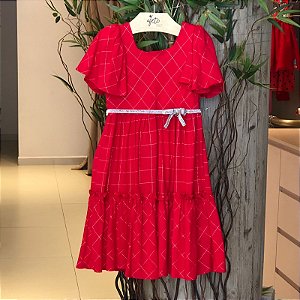 Vestido Manga Curta Petit Cherie Infantil Fem Quadriculado Prata Vermelho