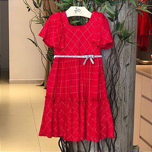 Vestido Manga Curta Petit Cherie Infantil Fem Quadriculado Prata Vermelho