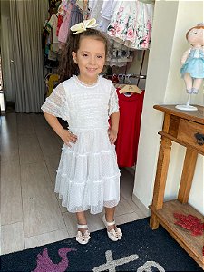 Vestido Manga Curta Petit Cherie Infantil Fem Tule Poa Paete Branco