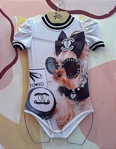Body Manga Curta Yoyo Infantil Fem York Gola Linho Branco/Preto