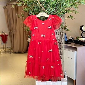 Vestido Manga Curta Petit Cherie Infantil Fem Tule Paete Vermelho
