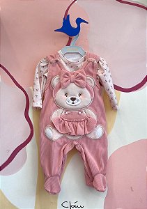 Macacao Manga Longa Upi Uli Infantil Fem Jardineira C/ Body Ursa Rose