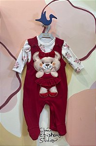 Macacao Manga Longa Upi Uli Infantil Fem Jardineira C/ Body Ursa Vermelho/Branco