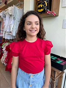 Blusa Manga Curta Momi Infantil Fem Strass Manga Bufante Vermelho