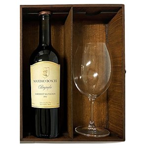 Kit Cabernet Sauvignon 2012 Maximo Boschi com Taça Bohemia e Caixa MDF