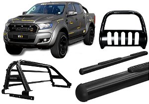 Kit Quebra Mato Estribo Oval Santo Antônio H3 Ranger 13/20 Preto