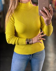 Blusa Tricot Canelada Gola Alta Amarelo