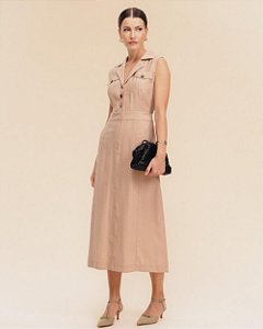 Vestido Midi Decote V Pespontado Tencel Unique Chic