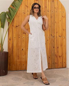 Vestido Midi Em Laise Bordado Decote V