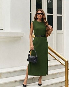 Vestido Midi Com Fenda e Cinto Hirus