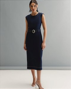 Vestido Midi Alfaiataria Com Pespontado Com Cinto