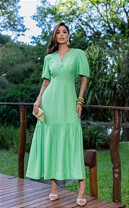Vestido Midi Em Crepe Decote V Manga Curta