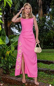 Vestido Midi Em Linho Bordado Com Fenda Frontal