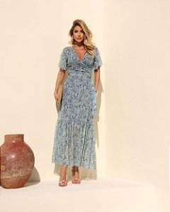Vestido Midi Tule Transpasse Com Mangas Curtas