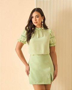 Blusa Em Crepe Manga Com Renda Milalai