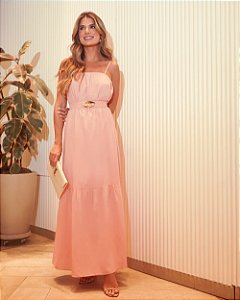 Vestido Longo Amplo Com Cinto Elástico E Aviamento Dourado Donna Ritz