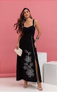 Vestido Midi Decote Coração Com Fenda Lateral