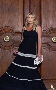 Vestido Midi Crepe Com Entremeios Em Renda