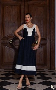 Vestido Midi Linho Decote V Bicolor