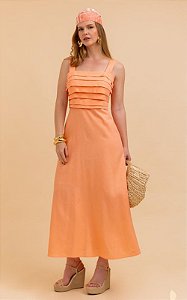 Vestido Midi Decote Quadrado Com Pregas