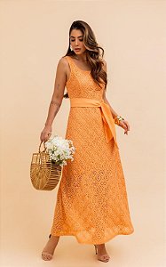 Vestido Midi Decote Quadrado Em Renda