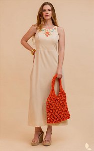 Vestido Midi Em Crepe Bordado Decote Redondo