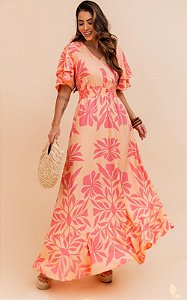 Vestido Midi Viscose Decote V Estampado