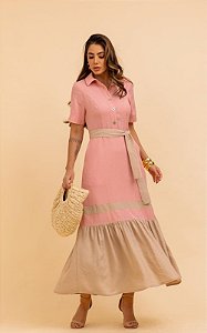 Chemise Midi Bicolor Com Cinto Faixa