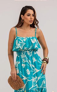 Vestido Midi Viscose Decote Babado Estampado