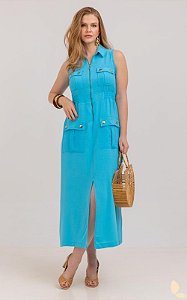 Vestido Midi Crepe Com Zíper Frontal E Bolsos Utilitários